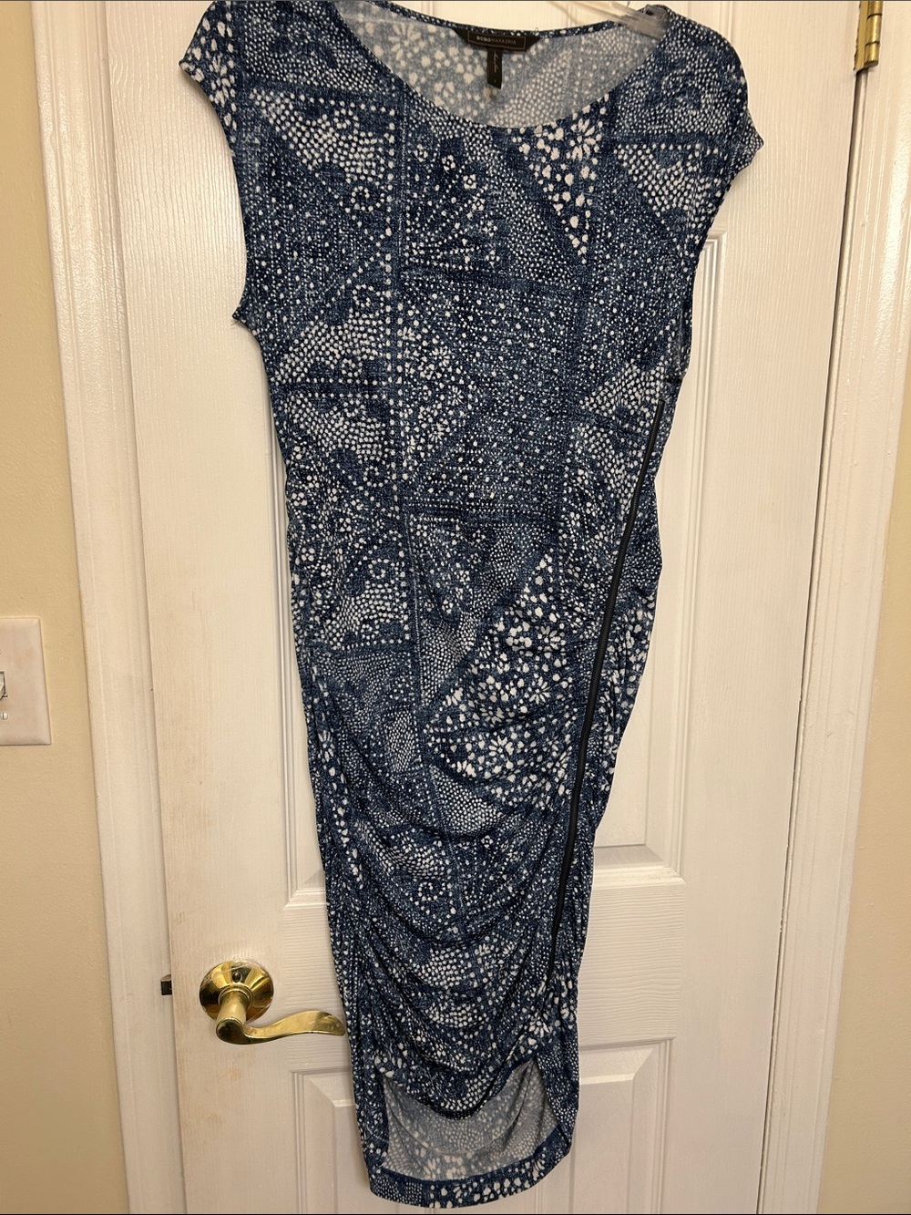 BCBGMaxAzria Navy and White Printed Cap-Sleeve Midi Dress